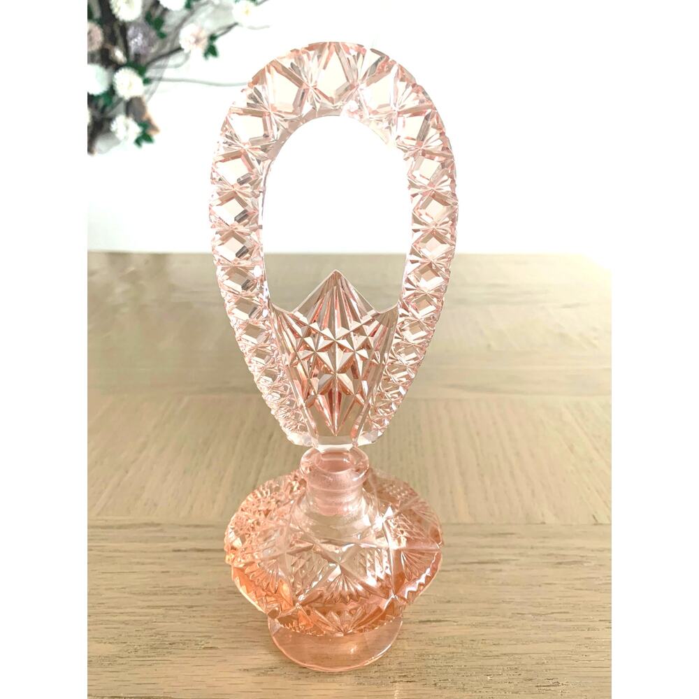 VTG Soft Pink Art Deco Czech Cut Crystal Perfume Bottle Glass Stopper 8 inches